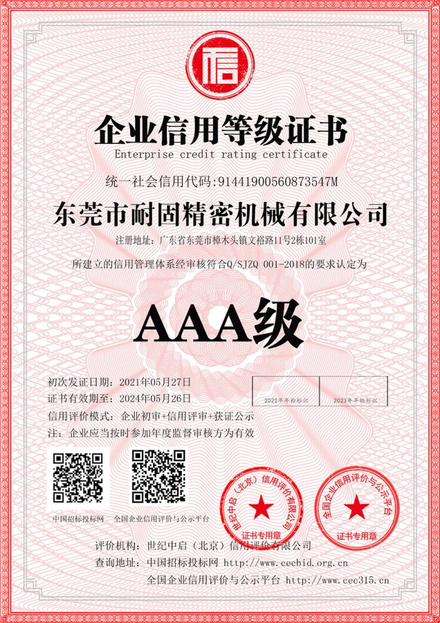 Enterprise credit rating certificate